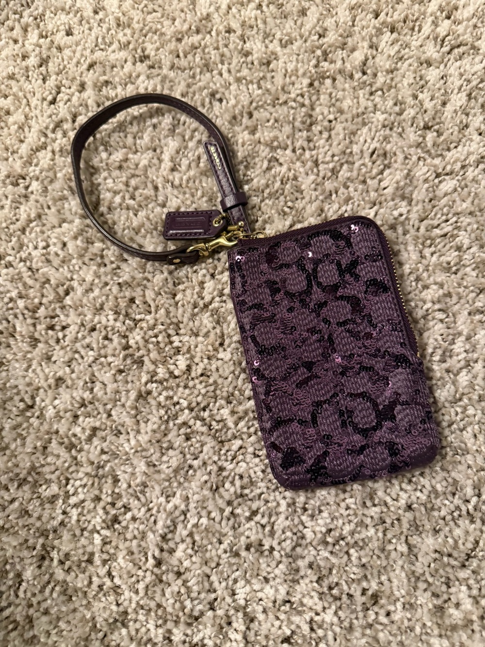 Coach Purple Sequin Wristlet Pouch with Strap